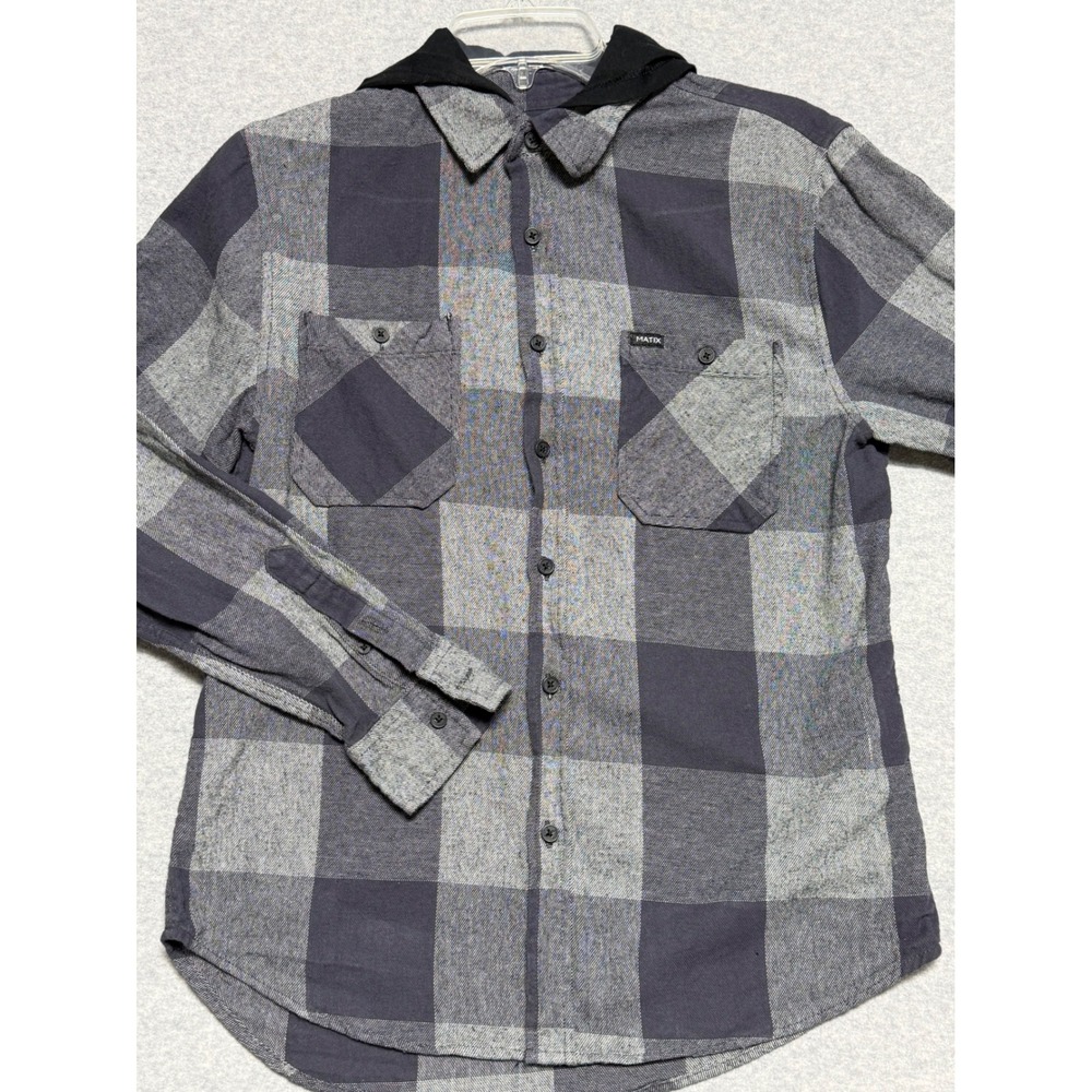 Matix Mens Hooded Flannel Shirt Grey Charcoal Buffalo Plaid Long‎ Sleeve Small